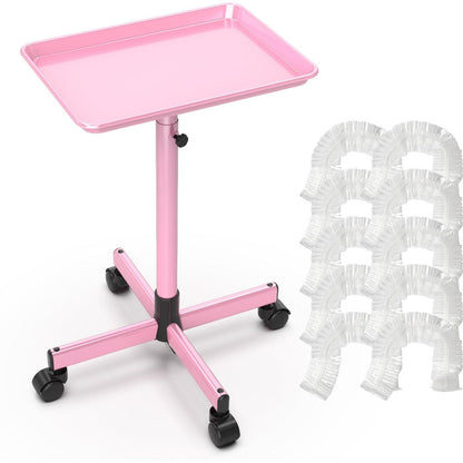 Adjustable Salon Tray Cart with 10 Disposable Covers and Gold or Pink Finish on Rolling Casters