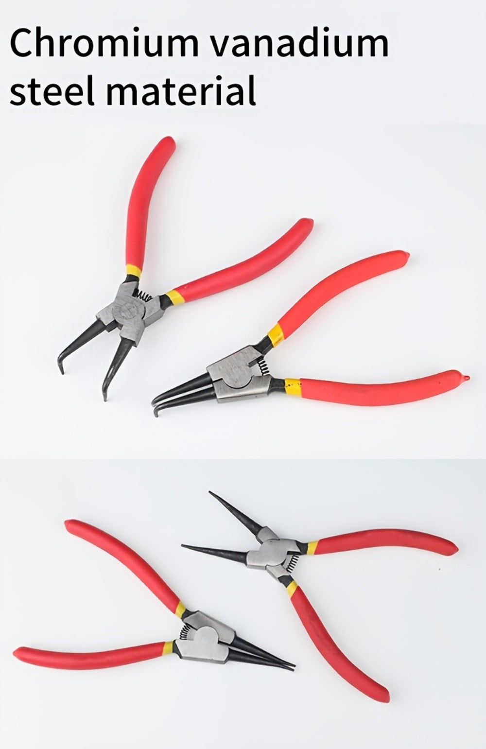 Four-Piece Snap Ring Pliers Set with Straight and Curved Jaws for Internal or External Rings in 7- or 9-Inch Sizes