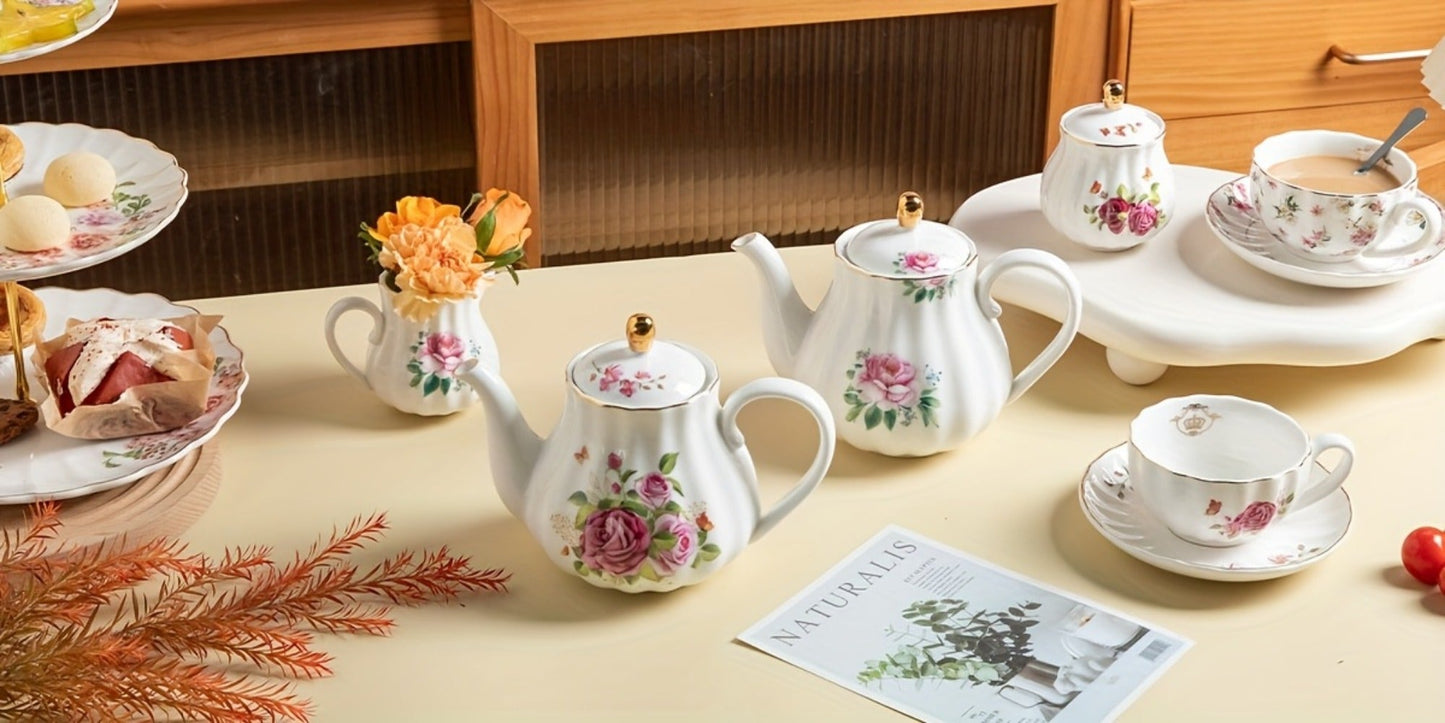 Floral Porcelain-Style Tea Service Set for Six in Five Coral, Peach, Rose, Peony or Spring Designs