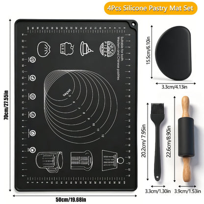 Silicone Baking Mat Set 4pcs, Extra Thick Non-Stick Pastry Mat with Measurement Scales, Non-Slip Dough Kneading Mat, Includes Rolling Pin, Dough Scraper and Storage Bag, Reusable Kitchen Baking Tools