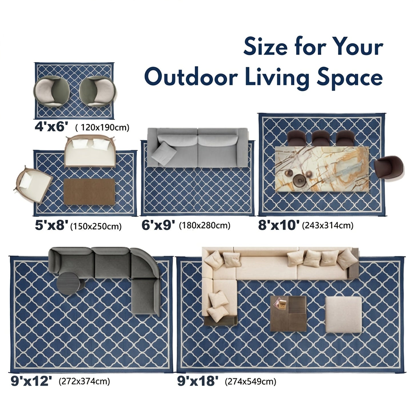Outdoor Area Rug Waterproof Foldable Picnic Mat for Patio Balcony RV Camping Beach Garden – Blue Clover & Gray, Multiple Sizes