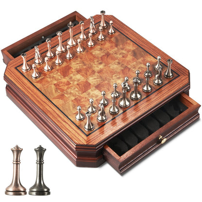 12-Inch Wooden-Style Chess Set with Metal-Finish Pieces, Two Storage Drawers and Two Extra Queens for Adults