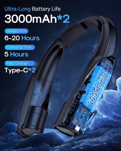 Wearable Neck Fan with Dual 3000mAh Battery Labels, Six Settings, USB-C Charging and Three Colors