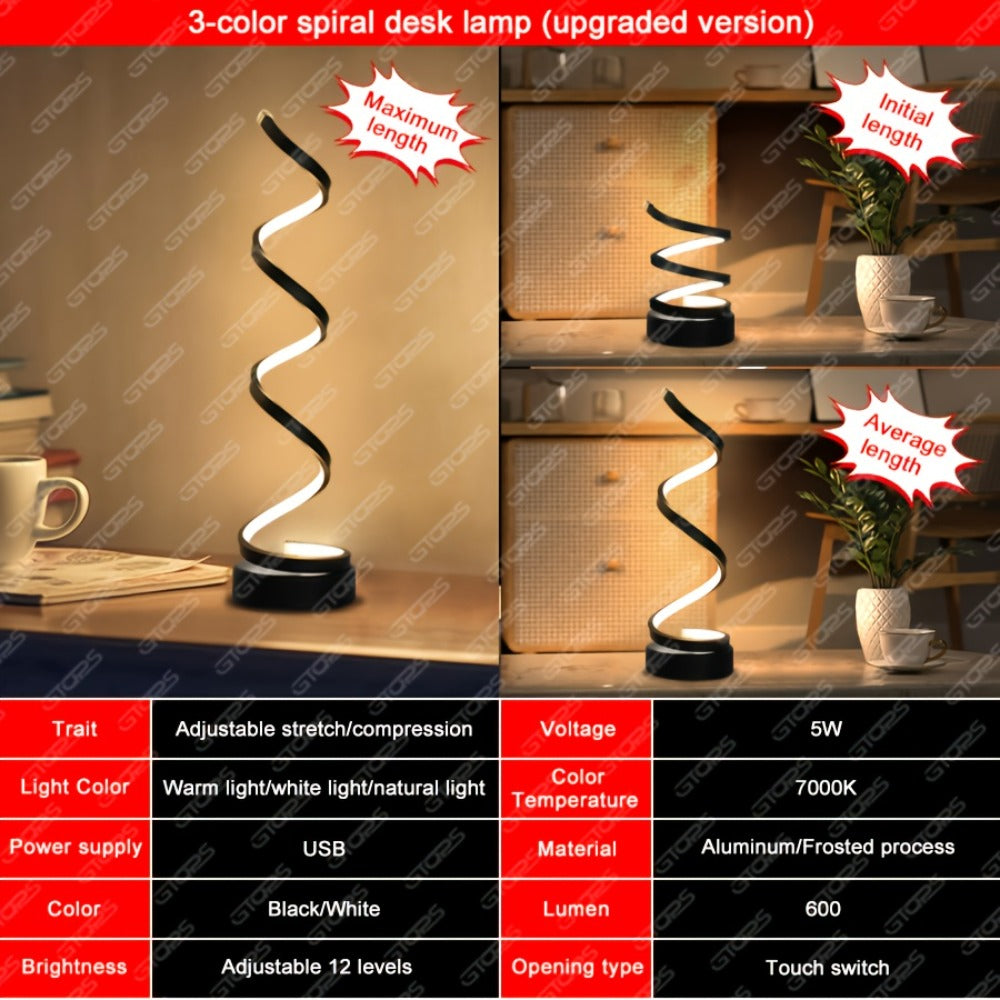 Two-Style Spiral LED Table Lamp with Touch Dimming in Black or White, Single or Two-Pack Options