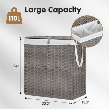 Woven Laundry Hamper with Hinged Lid, Removable Fabric Liner and Side Handles in Two Sizes and Brown or Gray