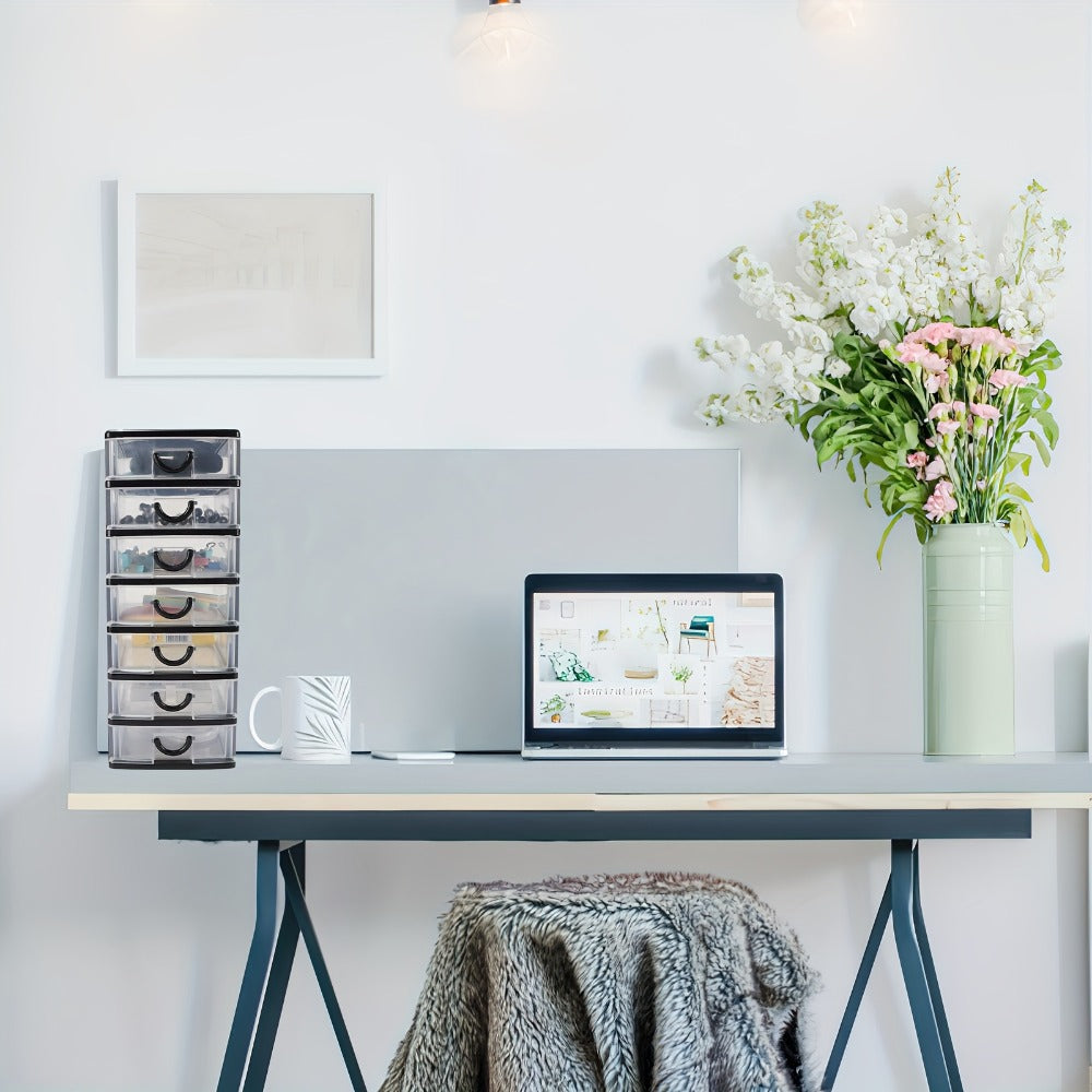 Seven-Drawer Desktop Organizer in Black or White, One- or Two-Piece Set with Clear Front Drawers