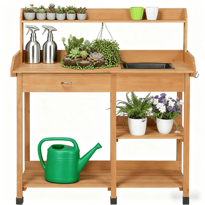 Four-Tier Garden Potting Bench with Removable Sink, Drawer, Adjustable Shelf and Three Side Hooks