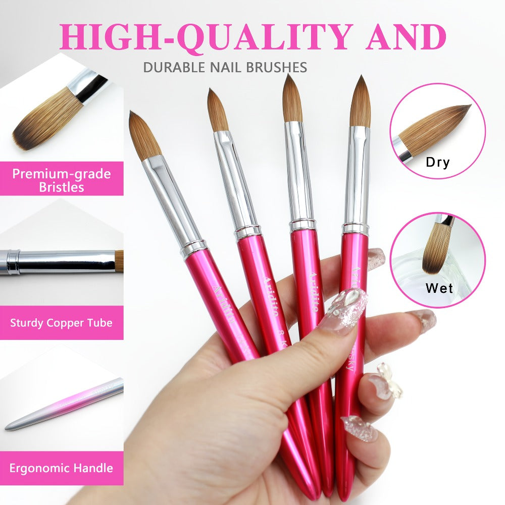 Rose-Red Acrylic Nail Brush with Cap in Exact Checkout Sizes #10, #12 or #14 and Pictured Flat-Shaped Tip