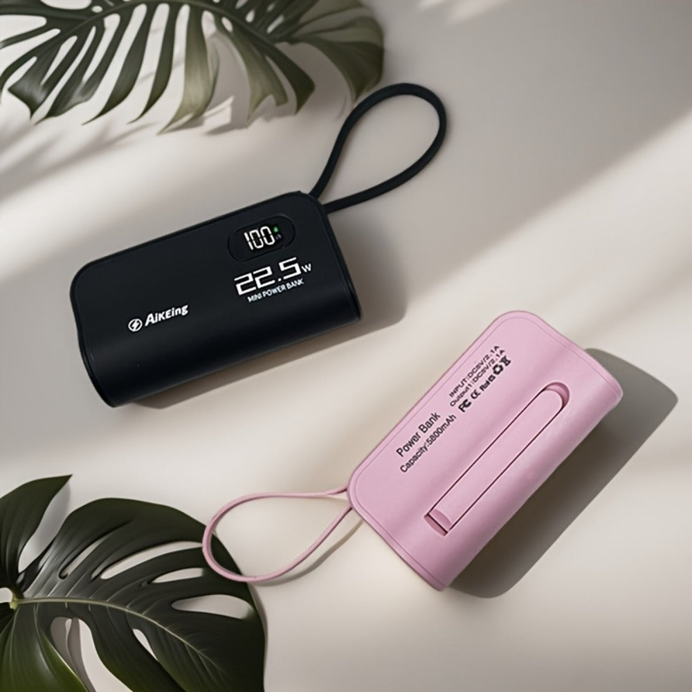 Mini Capsule Power Bank 5000mAh 22.5W Fast Charging Portable Charger Dual USB-C USB-A Pocket Sized for iPhone Android Samsung Travel Everyday Carry Black Pink Purple