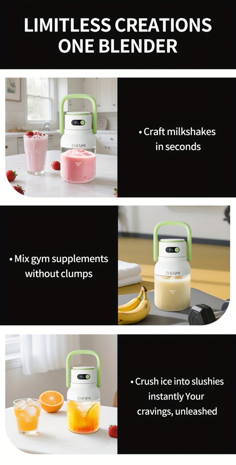 Cordless Portable Blender 33oz USB Rechargeable - Ice Crushing Blender for Smoothies & Shakes