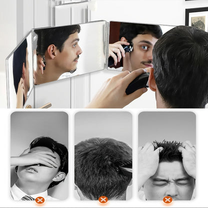 Folding 3 Way Mirror for Hair Cutting 360° View HD Glass, Three-Sided Barber Mirror Adjustable Height Telescopic Door Hook Wall Mount USB Powered, Self Haircut Mirror for Men Women Shaving Beard Makeup