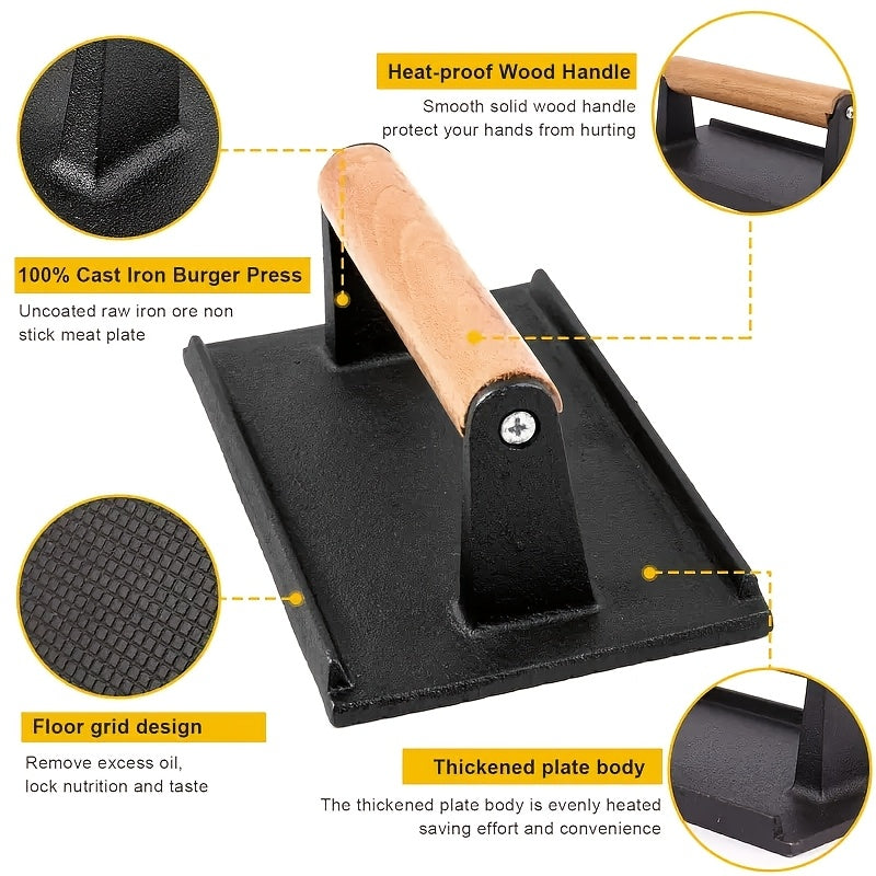 Smash Burger Press Cast Iron Heavy Duty Dual-Size Burger Smasher with Ergonomic Wood Handle – BBQ Grill Press for Smash Burgers, Steaks & Griddle Cooking (2pc Set)
