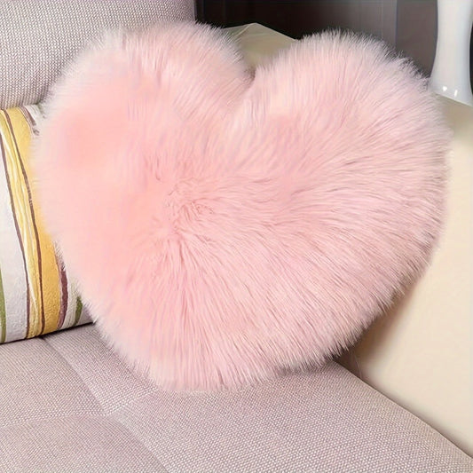 Heart Shaped Plush Pillow Cover Faux Wool Fluffy Cushion Cover for Sofa Bed Chair Car - Valentine's Day Decor Throw Pillowcase 17" Soft Decorative Pillow Case, Red & Pink, Insert Not Included
