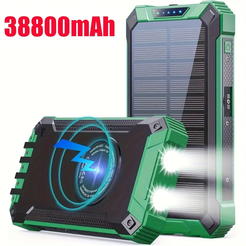 32800mAh Solar Power Bank 6 Outputs Wireless Charger – 4 Built-In Cables Dual Flashlights 15W Fast Charging, 32800 38800mAh External Battery Pack for Travel Camping GPS Emergency iPhone 17 Android