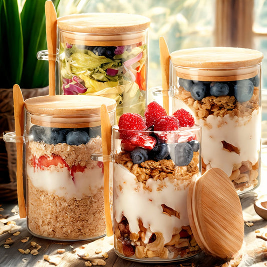 Overnight Oats Jar Set, 16oz Glass Containers with Lids and Spoons in 4-Piece or 8-Piece Options
