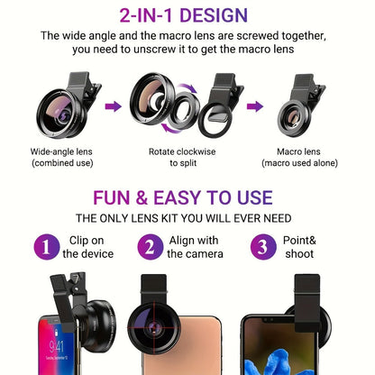 Two-in-One Universal Clip-On Smartphone Camera Lens with 0.45x Wide Angle and 12.5x Macro Optics