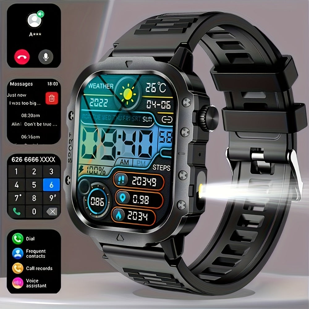 LED Flashlight Outdoor Smartwatch 2.01" Large Screen – Multi-Sport Modes, Long Battery Life, Message Alerts, Fitness Tracker – Rugged Adventure Watch Black Brown Android & iPhone