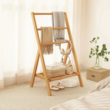 Bamboo Drying Rack 3 Tier Foldable with Storage Box - Space Saving Freestanding Clothes Hanger for Apartment, Bedroom, Bathroom & Balcony, Compact Laundry Rack for Small Spaces | Natural Burlywood