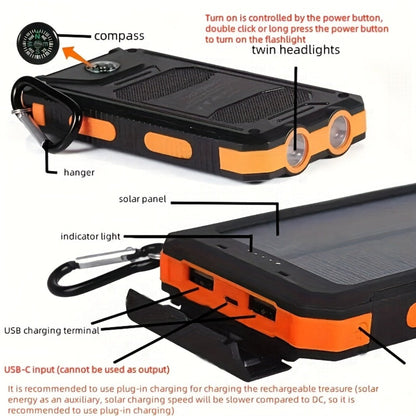 Power Bank Solar 38800mAh with QC3.0, USB-C, Dual USB Outputs, LED Flashlight and Compass for Outdoor Use