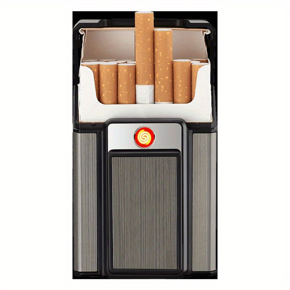 Black Pop-Up Cigarette Case with Integrated USB-Rechargeable Electric Lighter and Sliding Cover