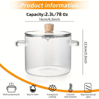 Ribbed Transparent Glass Cooking Pot with Lid in 60.87oz or 77.77oz Sizes, Clear Side Handles and Pouring Spout