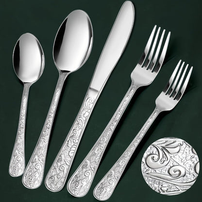 Flatware Set Stainless Steel Vintage Carved Cutlery Set Knife Fork Spoon for Family Gatherings Holiday Parties Kitchen Decor