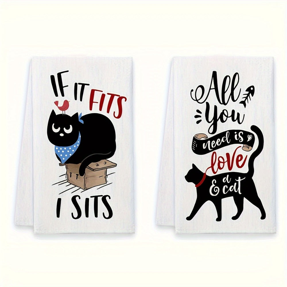 Four-Piece Cat Print Kitchen Towel Set, 16 x 24 Inches Each with Four Black-and-White Illustrated Sayings