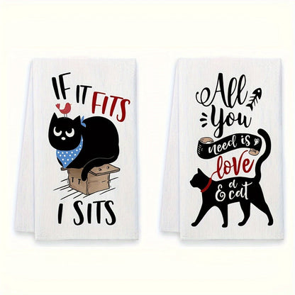 Four-Piece Cat Print Kitchen Towel Set, 16 x 24 Inches Each with Four Black-and-White Illustrated Sayings