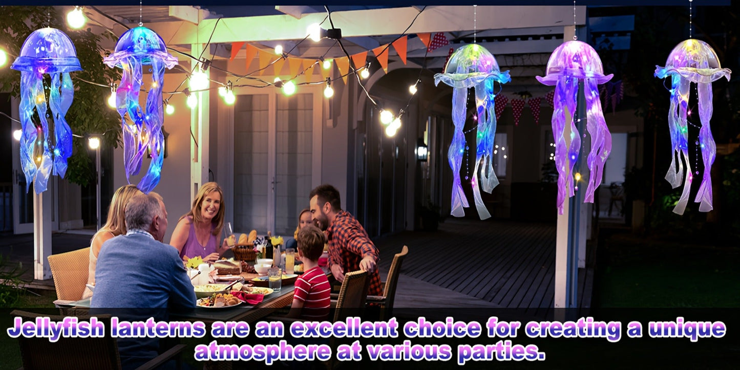 Five-Piece Illuminated Jellyfish Hanging Decoration Set with Translucent Crystal-Style Ribbons