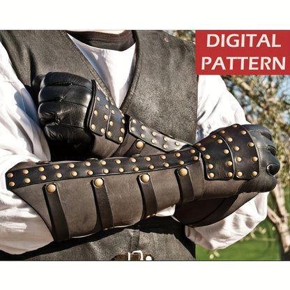 Riveted Costume Forearm Guard in Brown, Black or Coffee with Finger Loop and Buckled Strap Details