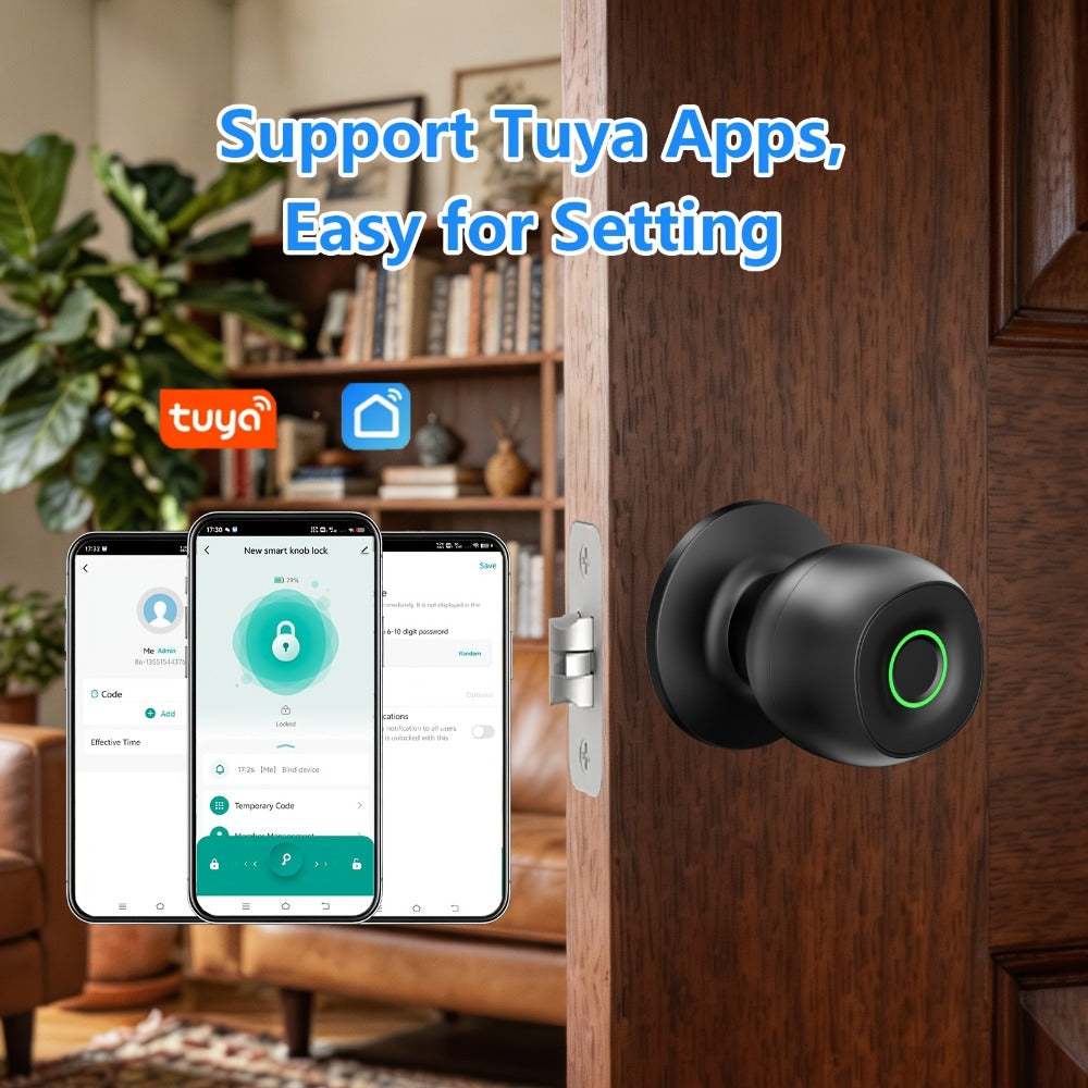 Wireless Smart Door Knob Lock with Fingerprint & App Control - 3-in-1 Biometric Keyless Entry, Auto-Lock, Remote Access Management for Bedroom, Home, Hotel & Office, Easy DIY Install, Black