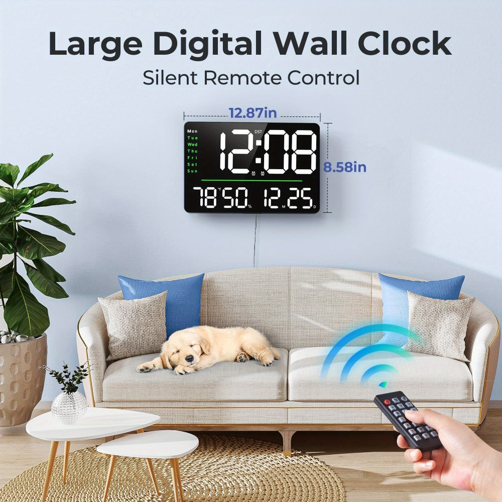 Digital Wall Clock 16 Inch LED with Remote Control – Large Display Shows Time, Date, Day of Week & Indoor Temperature, Modern Decor for Bedroom, Living Room, Office, Gym & Garage (White)