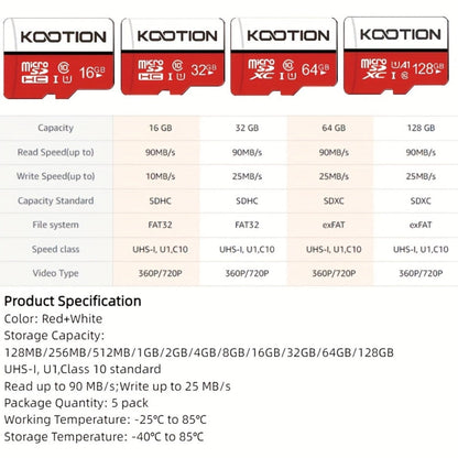 A1 C10 U1 Micro SD Card 5 Pack TF Memory Card 90MB/s High Speed 128MB to 128GB SDXC for Security Camera Drone Dash Cam Smartphone Tablet PC – Red & White Available