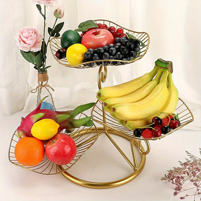 Three-Tier Golden Metal Wire Fruit Basket Stand with Lotus-Leaf Bowls, 46.5 cm Wide Countertop Design