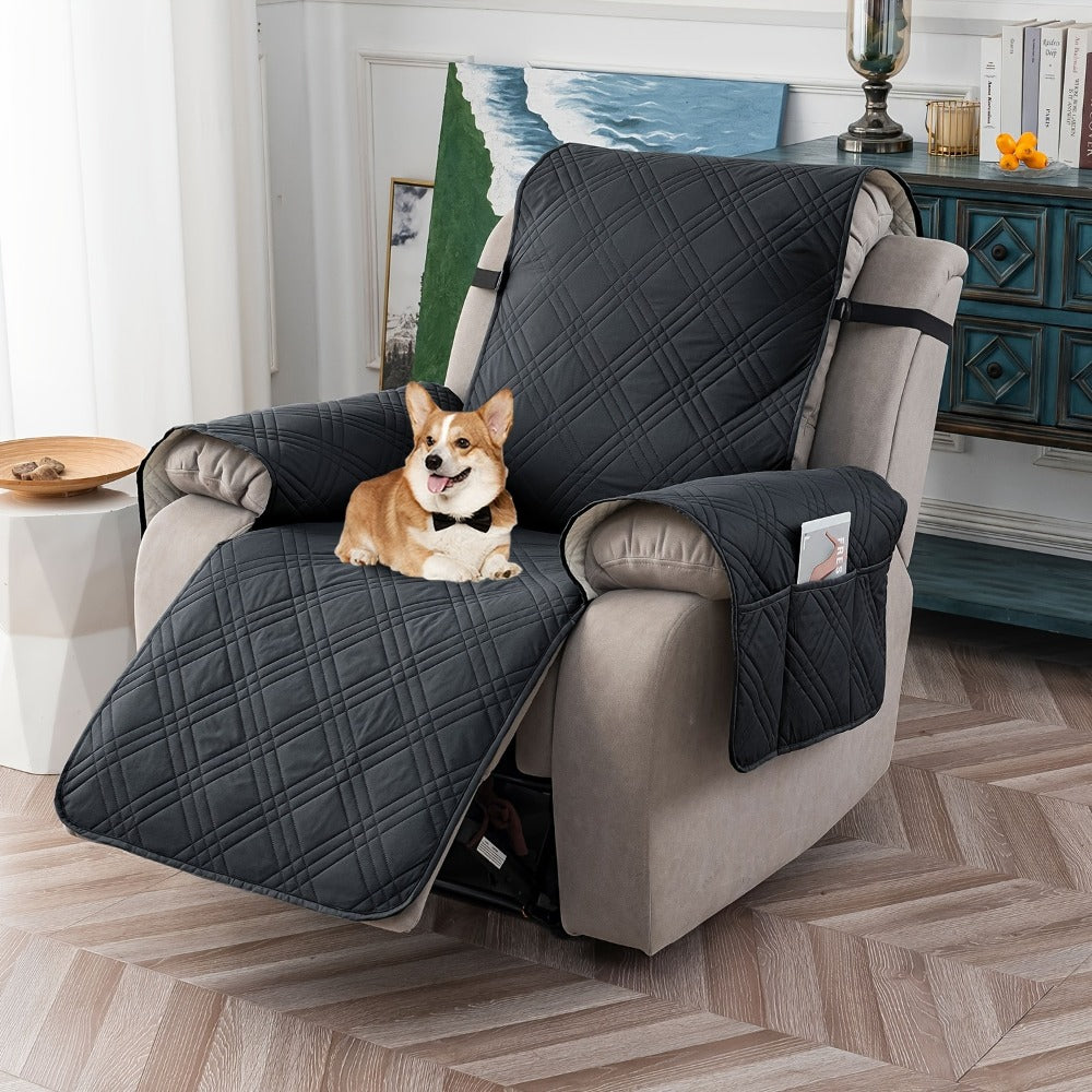 Chair Cover Quilted Recliner Throw with Side Pocket, Elastic Straps and Buckle in Ten Colors