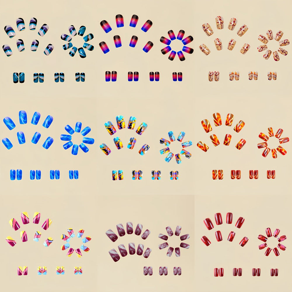 Press On Nails 216-Piece Medium Square Set with Marble, Stripe, Gradient and Flame Designs