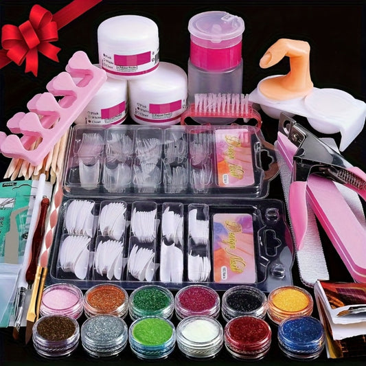 Acrylic Nail Kit with 12 Glitter Powders, Three Base Powders, Nail Tips, Forms and Application Tools