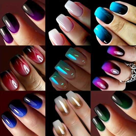 Gradient Press On Nails 216 Pieces Short Square Glossy Full Cover Colorful Ombre Fake Nails for Women Girls – 9 Packs Acrylic Glue On Nail Art Kit for Everyday Party Special Occasions