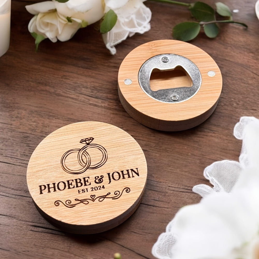 Round Bamboo Magnetic Bottle Openers in 20-, 40-, 80- or 160-Piece Packs for Party Favors and Gift Sets