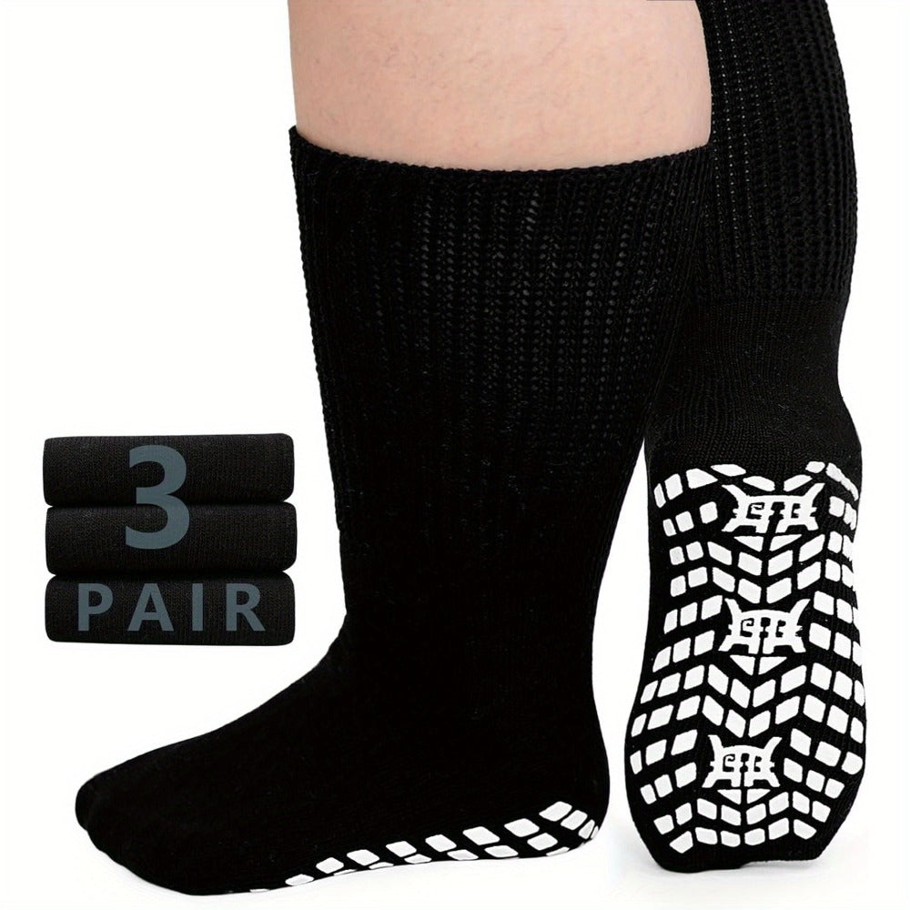 3-Pair Grippy-Sole Wide Sock Set for Adults in Black, White or Grey with 9-13 and 13-15 Size Options