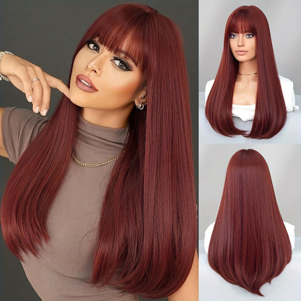 Long Straight Wig with Bangs Burgundy Wine Red 28 Inch Synthetic Heat Resistant Lightweight for Women Daily Wear Holiday Party Cosplay Halloween Natural Look Fashion