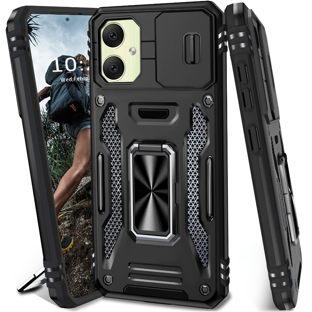 Samsung Galaxy Shockproof Magnetic Phone Case with 360° Rotating Ring Bracket & Sliding Lens Protector – Heavy Duty Cover for S24FE S23FE S22 S21FE Ultra A55 A54 A35 A34 A25 A24 A16 A15 A14 A06 A05 A05S 5G