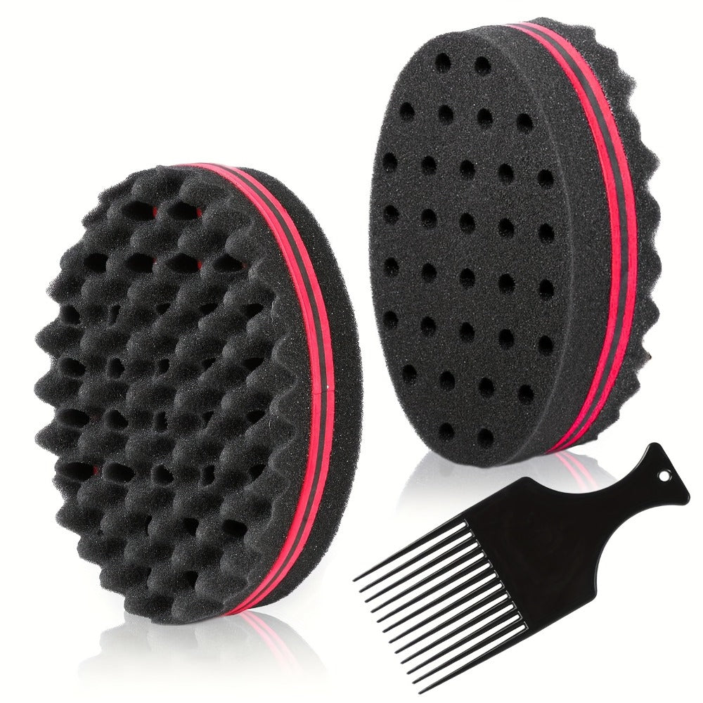 Twist Sponge Brush & Styling Comb Set for Curly Natural Black Hair — Afro Coil Definer with Metal Pick, Loc & Short Hair Grooming Tools for Men & Women