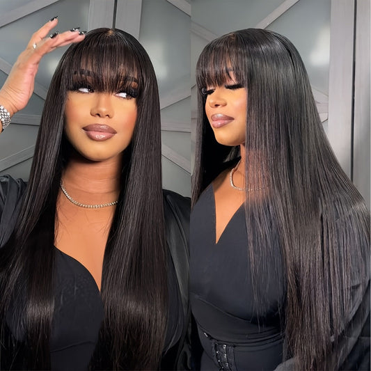 Synthetic Wig 26-Inch Black Straight Style with Full Bangs, Heat-Resistant Fiber and Machine Cap
