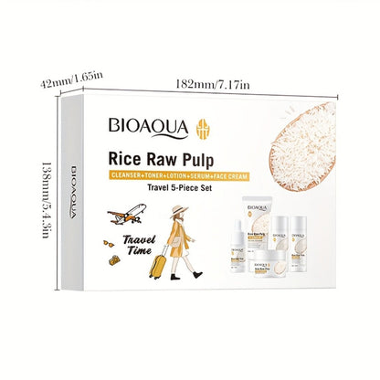 Skincare Set with BIOAQUA Label, 5 Mini Rice Raw Pulp Products with Cleanser Toner Essence Lotion and Cream