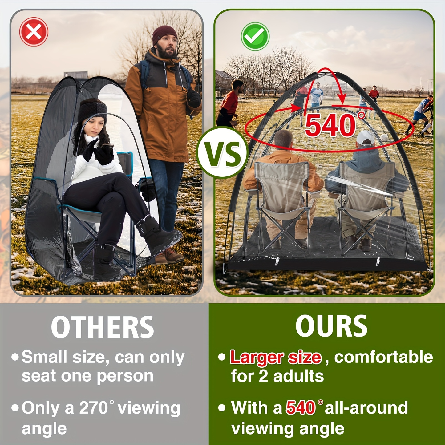 Camping Tent Transparent Oxford Rain Shelter with Ventilation Panels, Zipper Entry and Two Colors