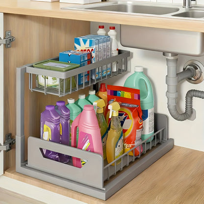 Two-Tier Pull-Out Cabinet Organizer with Upper and Lower Sliding Trays in Grey, Black or White Package Options