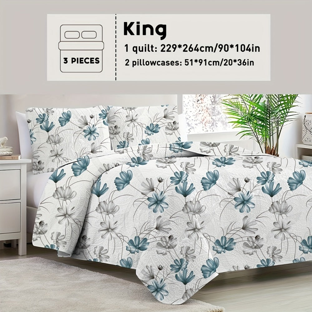 Reversible Botanical Microfiber Quilt Set with Pillow Shams, Five Patterns and Twin, Full/Queen or King Sizes