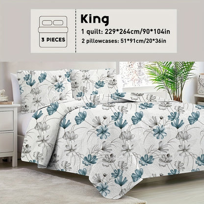 Reversible Botanical Microfiber Quilt Set with Pillow Shams, Five Patterns and Twin, Full/Queen or King Sizes