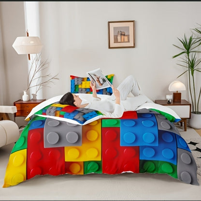 Building Block Duvet Cover Set with Multicolor Brick Print, Zipper Closure and Twin to King Sizes